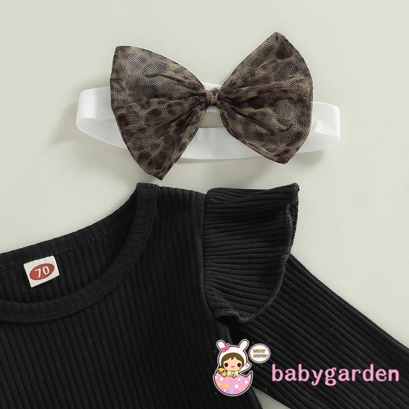 Set Đồ 3 Món Gồm Áo Liền Quần Tay Dài Dệt Kim Màu Trơn + Chân Váy Lưới + Băng Đô Họa Tiết Da Báo Dành Cho Bé Gái 0-18 Tháng Tuổi