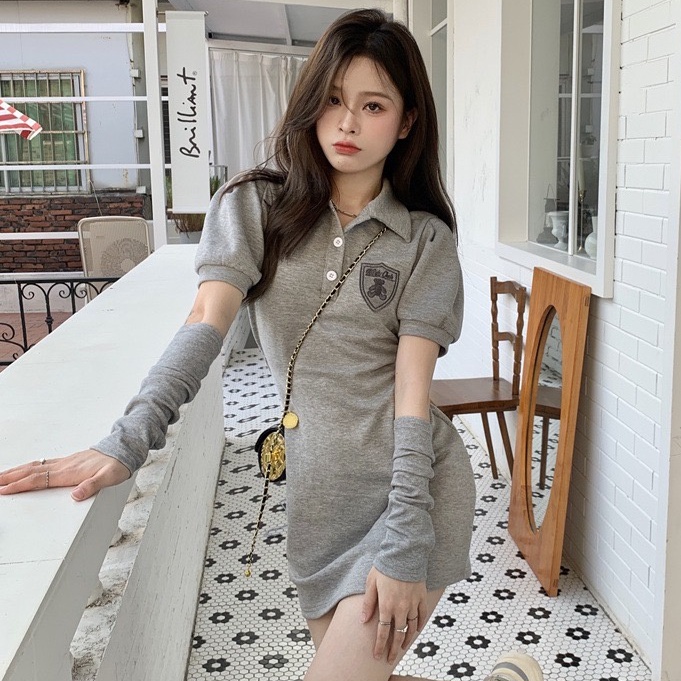 Đầm Ngắn Ôm Eo Tay Phồng Cổ Polo Thời Trang Mùa Hè Dành Cho Nữ