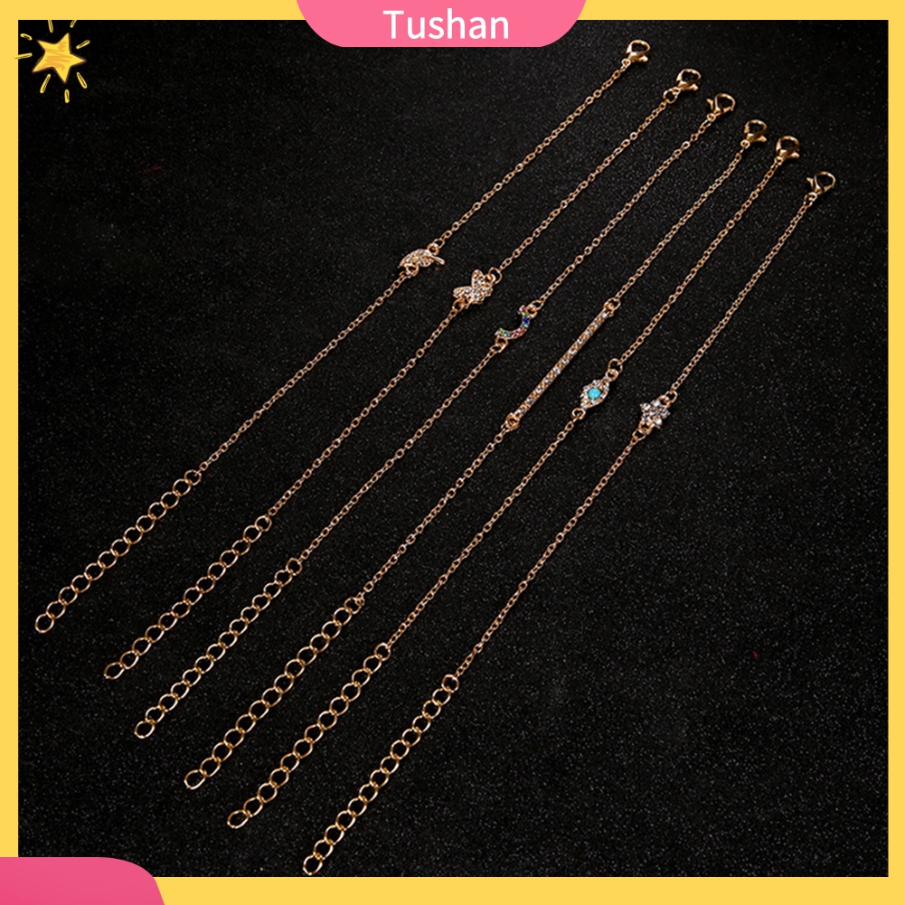 TUSH_6Pcs/Set Butterfly Leaf Evil Eye Charm Rhinestone Inlaid Women Bangle Bracelet