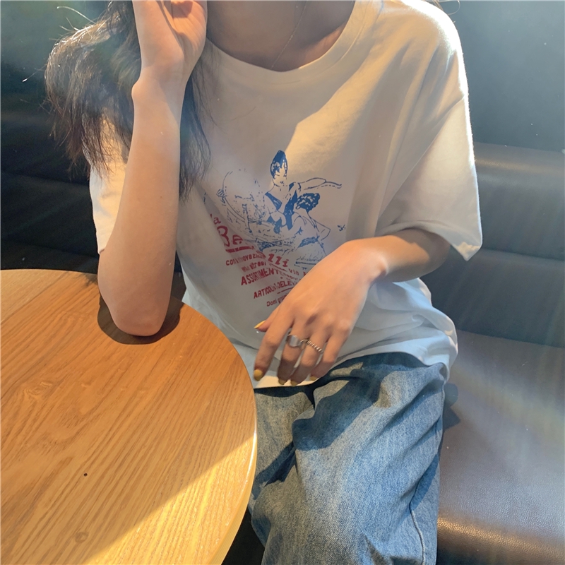 SUXI Áo Thun Tay Ngắn Dáng Rộng In Hình Phong Cách Hàn Quốc