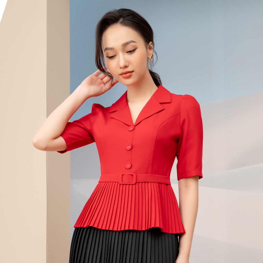 Áo ký giả nữ Peplum công sở Dập Ly UK Fashion Thiết Kế Tay Ngắn Bo Eo Điệu NKFSM2110001