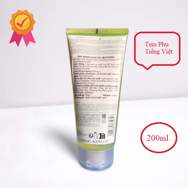 Sữa rửa mặt SVR, gel rửa mặt SVR, sữa rửa mặt không xà phòng SVR - chai 200ml date 2025