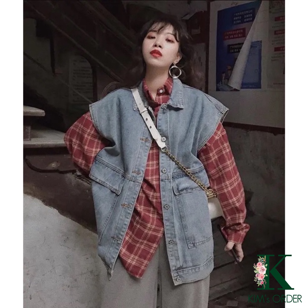 Áo khoác jean nữ màu xanh sát nách phom rộng phong cách retro sành điệu cá tính năng động Ulzzang Hàn Quốc chất đẹp
