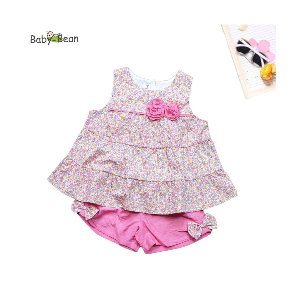 Bộ Đồ Cotton Đính Hoa Hồng Thắt Nơ Bé Gái BabyBean