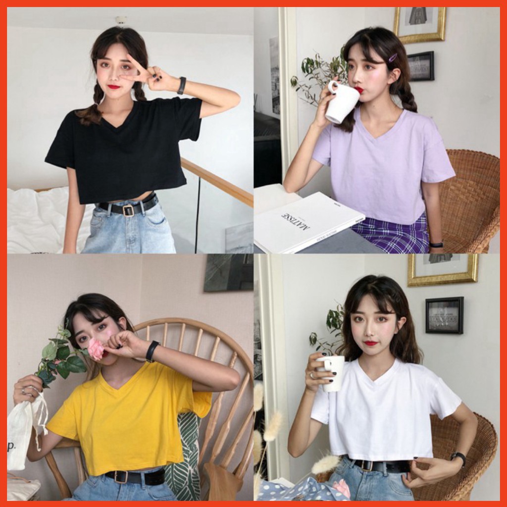 [FREESHIP] Áo Thun Croptop Cổ Tim 🌟 Áo Croptop Nữ Cổ V Tay Lỡ Form Rộng Chất Cotton Mịn Xịn .