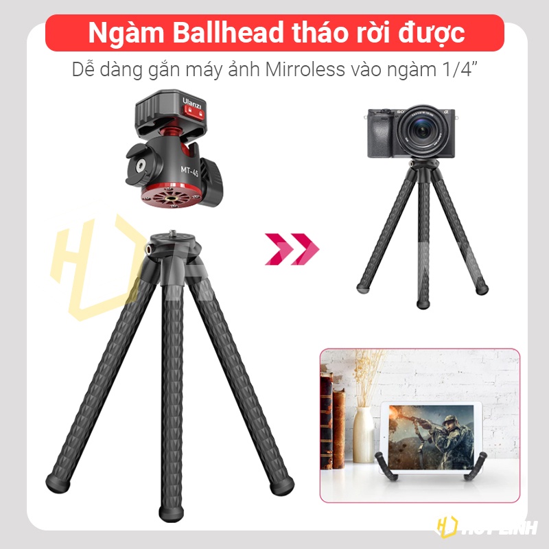 Chân Tripod Octopus Ulanzi MT-45 Claw Flexible Tripod Cho Điện Thoại/Máy ảnh Mirroless, DSLR - Tích hợp Cold Shoe