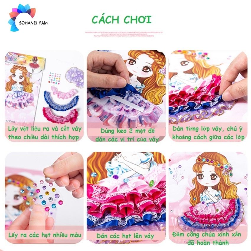 Tranh Dán Váy Công Chúa 3D Kèm Hạt Cườm Trang Trí  -SOHANEI FAM -Đồ Chơi Thủ Công