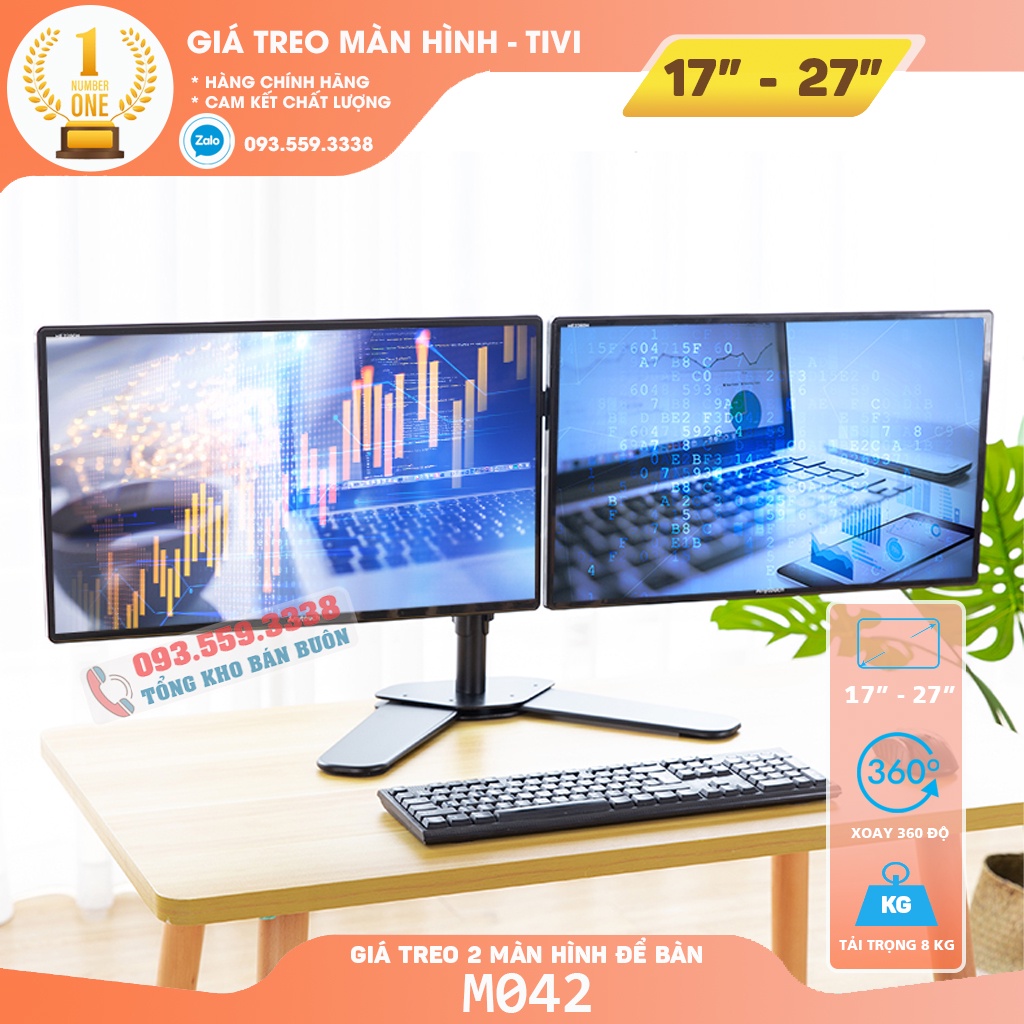 Giá Treo 2 Màn Hình M042 Cao Cấp 17 - 27 Inch / Tải Trọng 8Kg - Chân Đế Hai Màn Hình Thiết Kế Chân V Để Bàn
