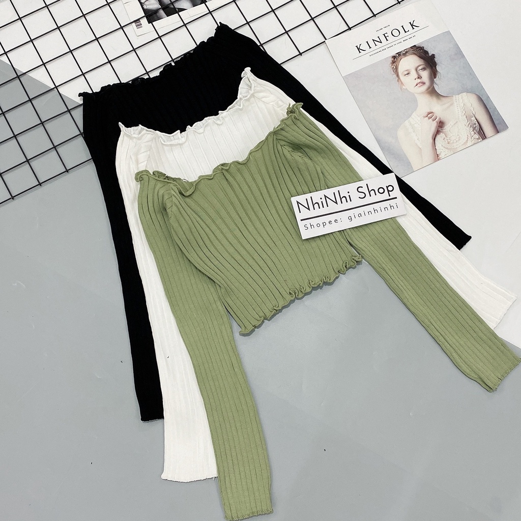 Áo len sọc đũa dáng croptop trễ vai, Áo len dáng ôm dài tay form ngắn  AL1268 - NhiNhiShop