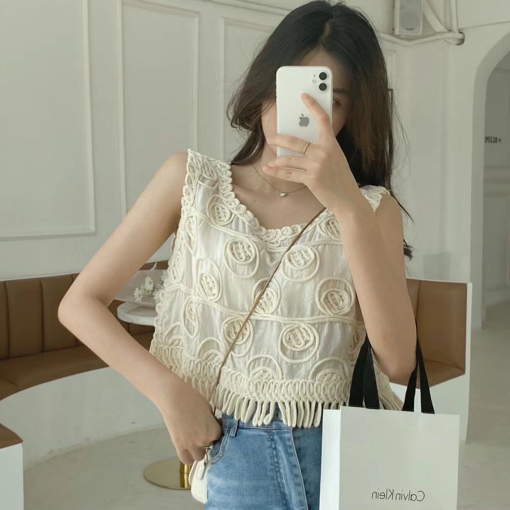 Mới Áo Thun Sát Nách Phối Tua Rua Cho Nữ