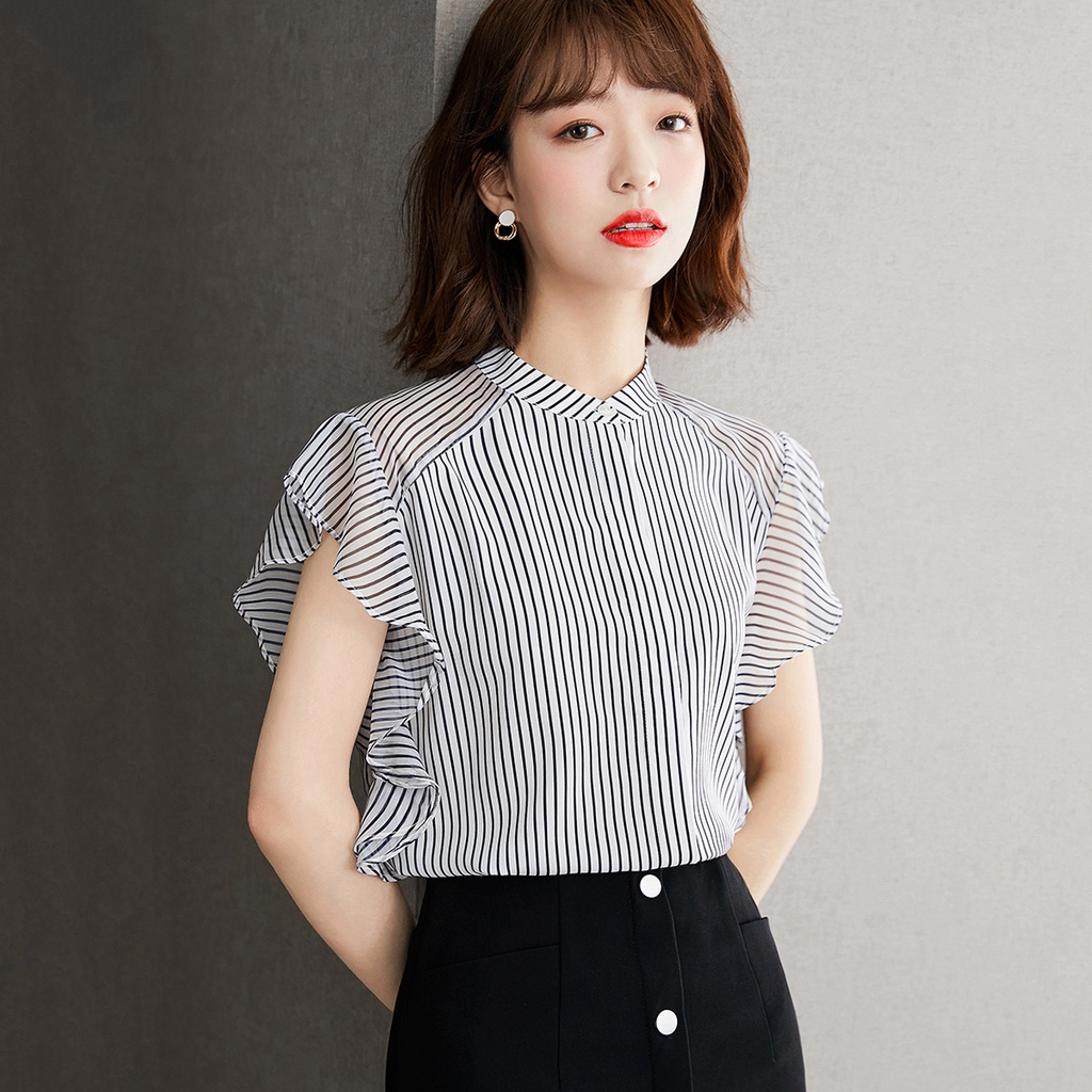 Áo Sơ Mi Tay Ngắn Chất Chiffon Hoạ Tiết Kẻ Sọc Cho Phái Nữ