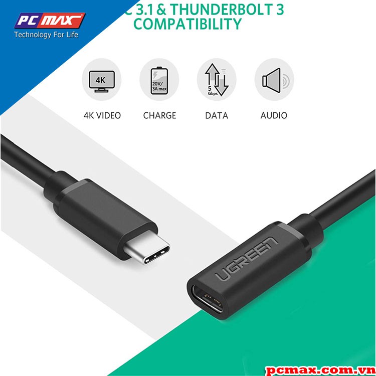 Cáp nối dài Usb Type C dài 0.5m Thunderbolt 3 20V5A 10gbps Ugreen 40574 - Hàng chính hãng