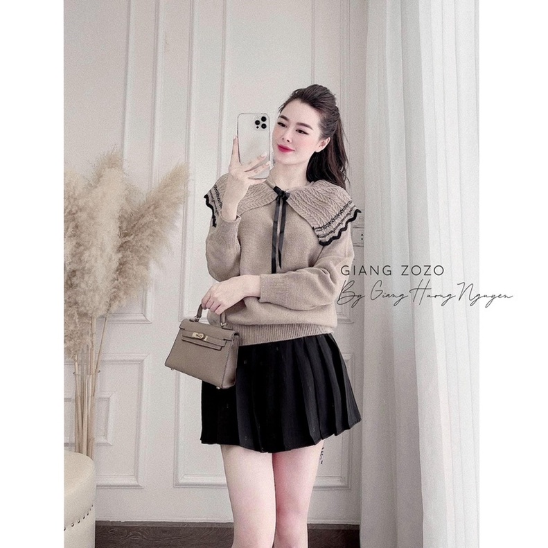 BÁN SỈ ÁO LEN CỔ BÈO BUỘC NƠ 2M HỒNG - KEM CHO NỮ | BigBuy360 - bigbuy360.vn