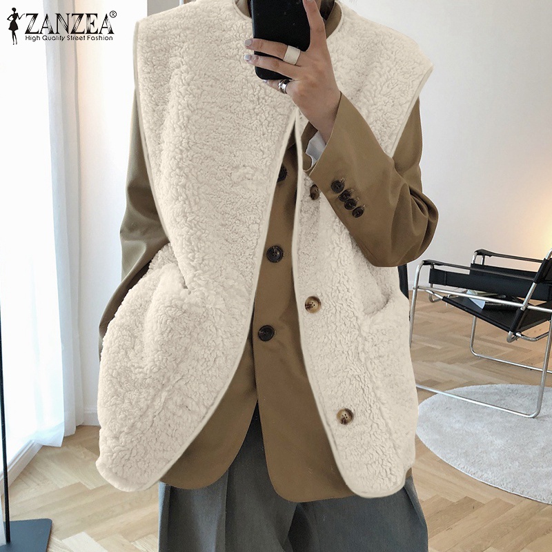 Áo khoác ZANZEA sát nách cổ tròn có hàng nút phía trước thiết kế đơn giản thời trang mùa đông cho nữ | BigBuy360 - bigbuy360.vn