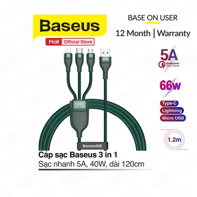 Cáp sạc Baseus 3 in 1  sạc nhanh 5A, công suất 66W, hỗ trợ truyền dữ liệu 480Mbps, dài 120cm