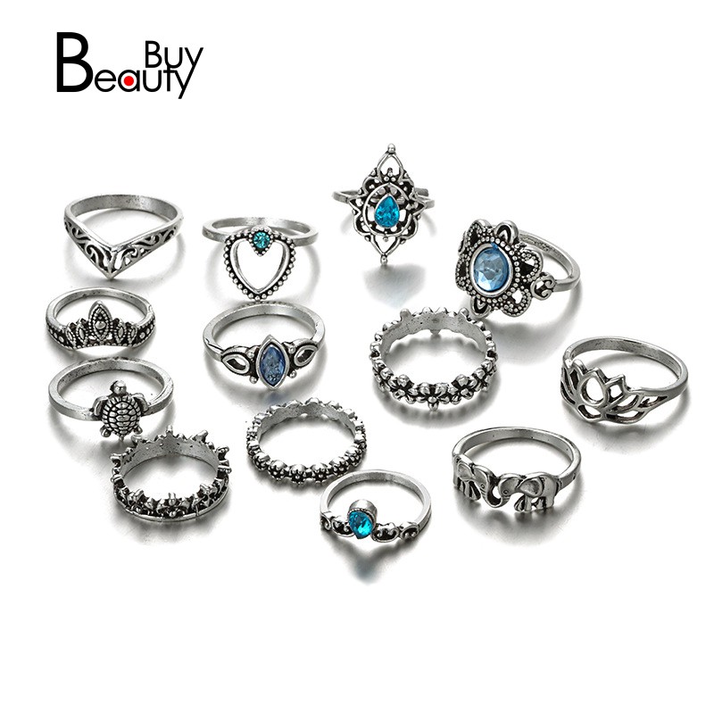 Set 13 nhẫn đốt ngón tay mạ bạc đính đá pha lê phong cách Boho