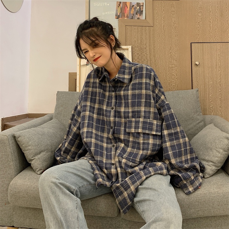 SUXI Áo Sơ Mi Caro Tay Dài Dáng Rộng Trẻ Trung Phong Cách Vintage Cho Bạn Gái