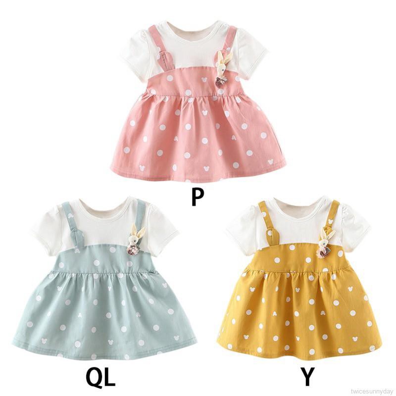 Đầm cotton ngắn tay , in họa tiết chấm bi cho bé gái