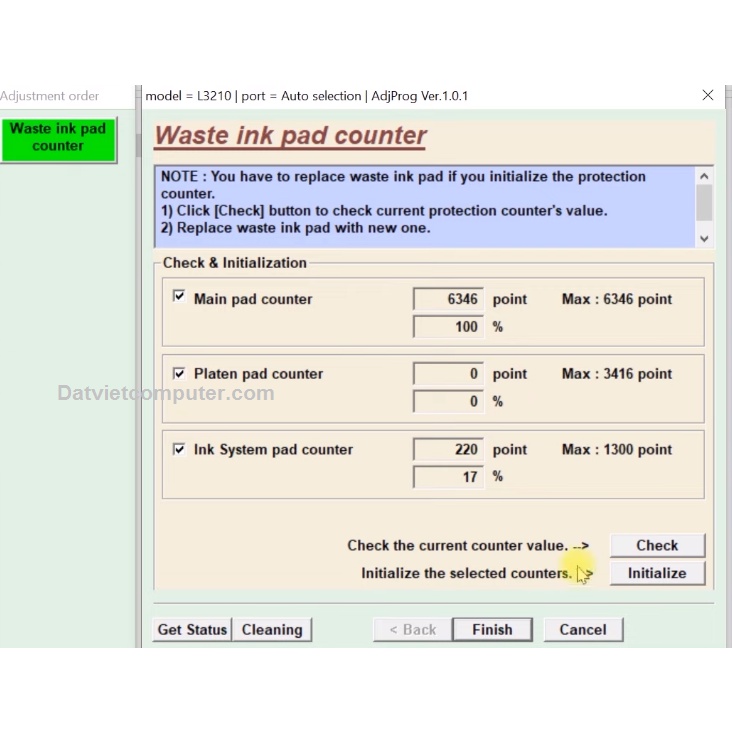 Key reset máy in epson L1210 lỗi nháy 2 đèn, Reset Epson L1210 couter đếm máy in phun màu epson
