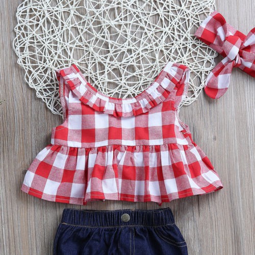 ❤XZQ-3pcs Toddler Baby Girl Plaid Ruffled Tops+Denim Shorts+Headband Summer Outfits