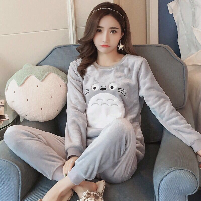 Bộ Đồ Ngủ Tay Dài Chất Nỉ Dày Dặn Thời Trang Thu Đông Phong Cách Hàn Quốc Dễ Thương Cho Nữ