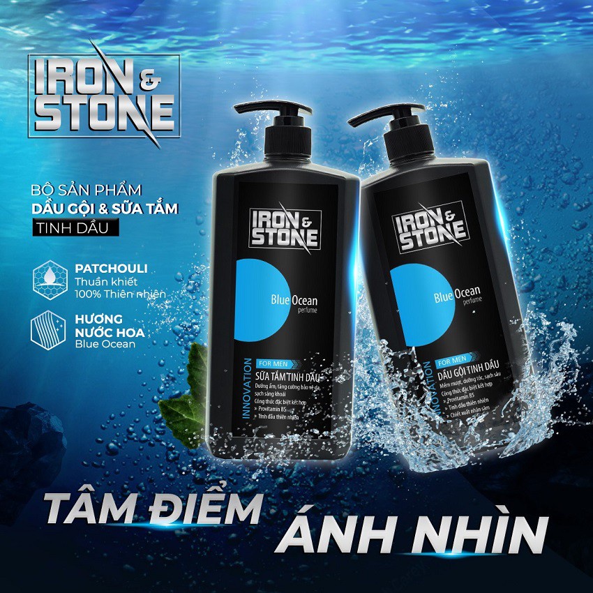 Dầu gội đầu IRON&STONE Innovation hương Blue Ocean dành cho nam dung tích 650G CH16, dưỡng tóc mềm mượt, làm sạch sâu