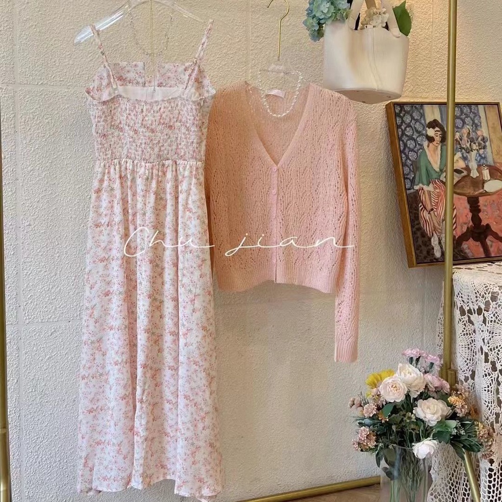 Bộ Áo Cardigan Hai Dây In Hoa + Chân Váy Lưng Cao Thời Trang Mùa Hè 2022
