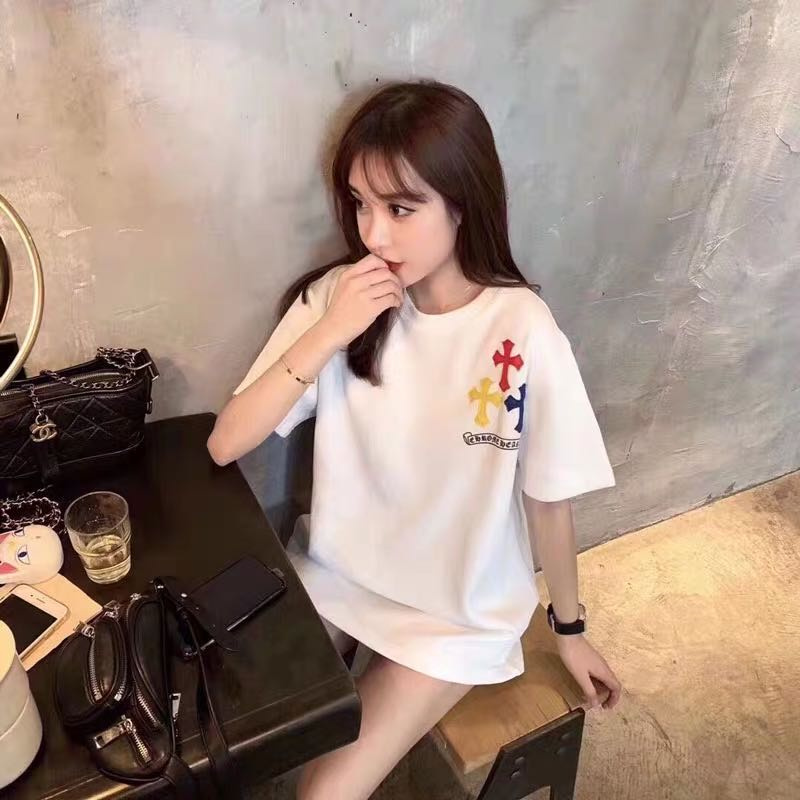 Áo thun tay ngắn cổ tròn thêu họa tiết chữ thập bằng da nhiều màu năng động thời trang