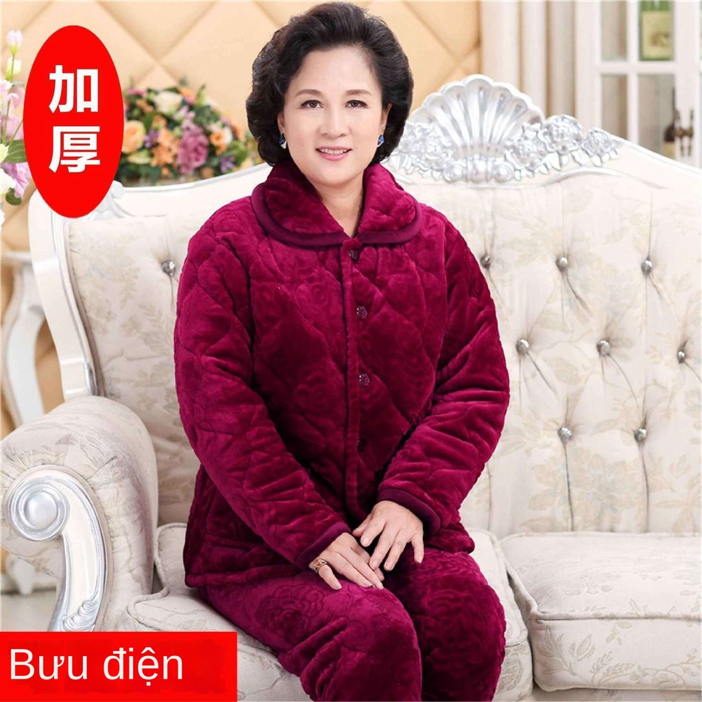 Bộ đồ ngủ mùa đông dành cho phụ nữ trung niên và cao tuổi ấm áp san hô lông cừu ba lớp dày dặn bằng vải nỉ bà mẹ cộng vớ