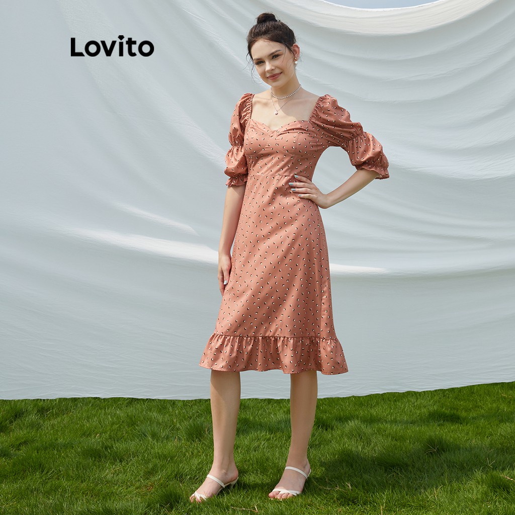Lovito Đầm họa tiết chấm bi thanh lịch có họa tiết chấm bi Hem hoặc Virago có tay áo rút lại L24EE009 (Nâu gỉ)