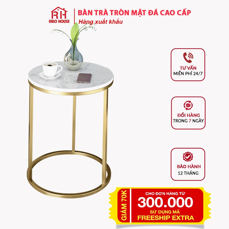 Bàn trà tròn RIBO HOUSE mặt bàn đá có hình vân đá, kệ trang trí phòng khách, spa, nails, cà phê mẫu 1 RIBO91