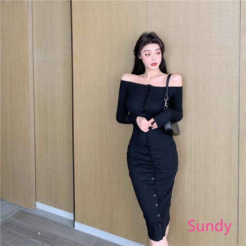 Off-shoulder Single-breasted Dress Women's Autumn Mid-length Dress