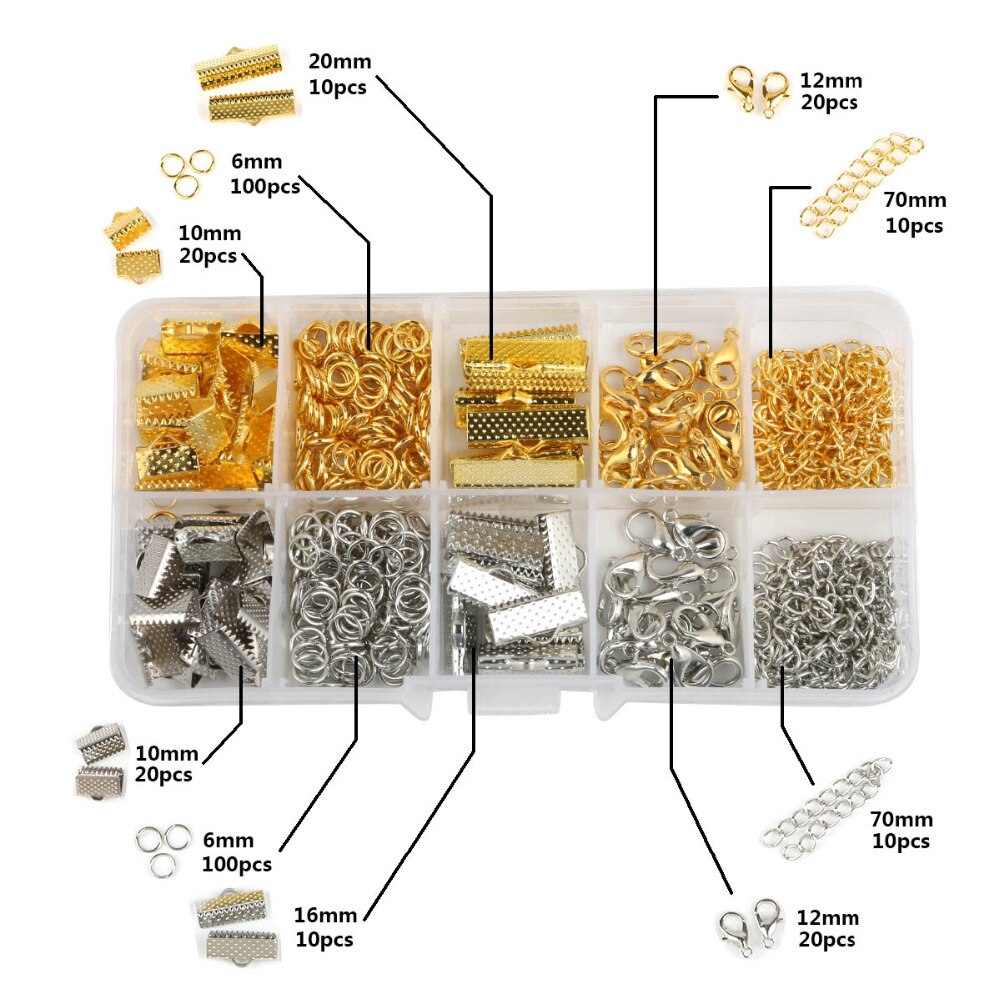 Hộp phụ kiện làm trang sức thủ công gồm khoen đơn / khóa tôm hùm / đầu dây / chuỗi xích mở rộng