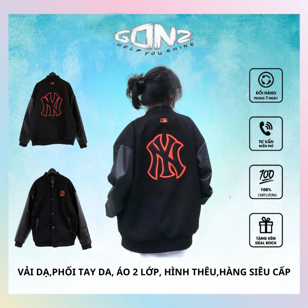 Áo khoác bomber dạ phối tay da dày dặn, Áo varsity jacket dạ phối tay da 2 lớp dày dặn