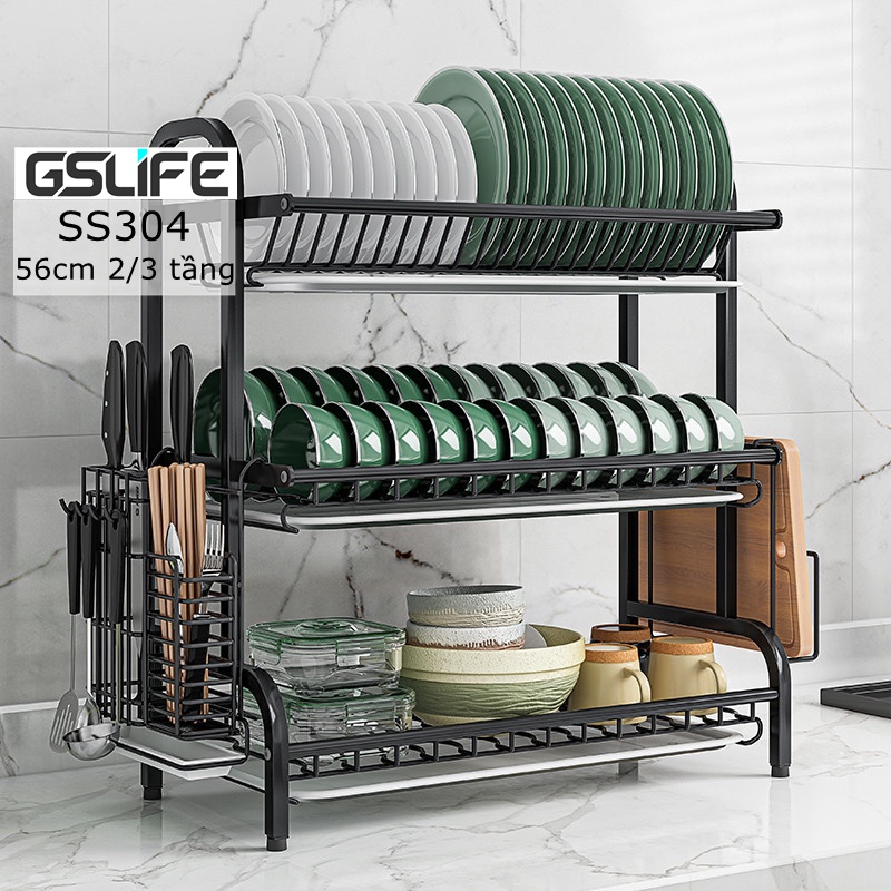 GSlife Kệ Để Chén Đĩa INOX 304 Thông Minh Sơn Đen Cao Cấp Full Phụ kiện Kèm Khay Đựng Bát Đĩa Cho Nhà Bếp Phiên Bản