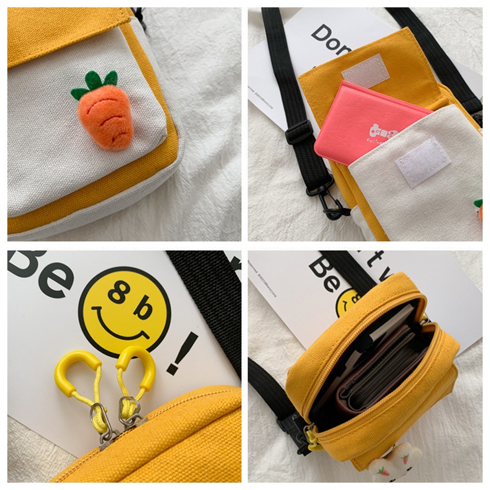 Túi Đeo Chéo Vải Canvas Mini Cho Nữ Kèm Phụ Kiện Siêu Dễ Thương Cute Đi Học Đi Chơi Phong Cách Hàn Quốc