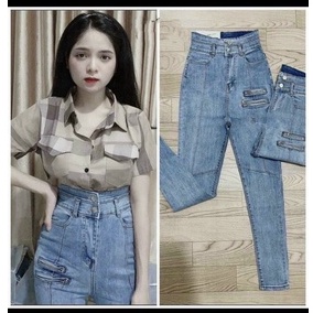 quần jean nữ dài co dãn tốt ôm dáng mix 2 dây kéo đùi