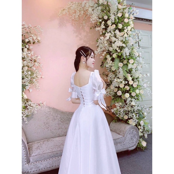 ĐẦM CÔ DÂU TAY PHỒNG KẾT NƠ XINH XẮN