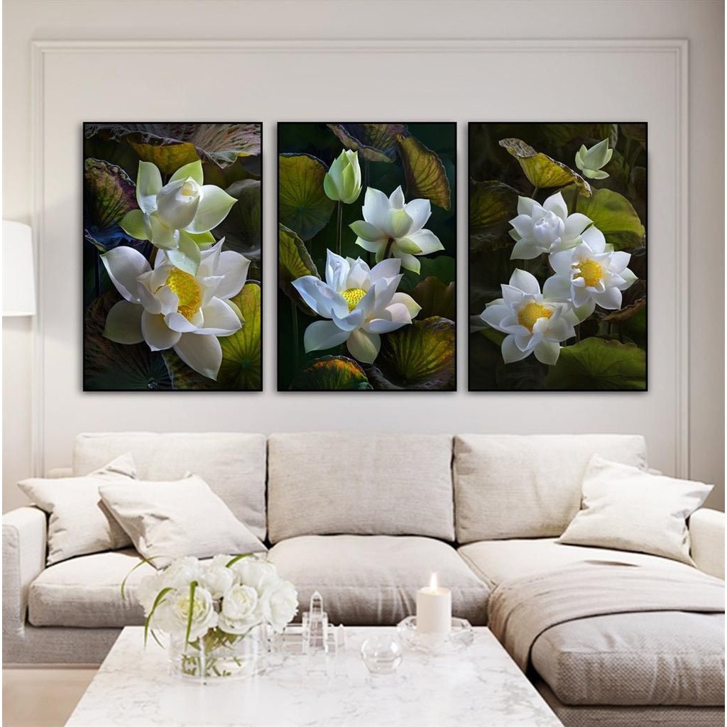 Bộ 3 Tranh Treo Tường Cao Cấp Hoa Sen Trắng Nở Hoa Ban Đêm Đẹp Tao Nhã Trang Trí Nhà Hàng Quán Cafe - MELYHOME DECOR