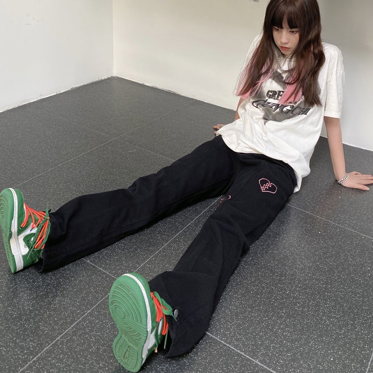 Quần Dài Ống Loe Thêu Hình Trái Tim Phong Cách Đường Phố Thời Trang Đường Phố