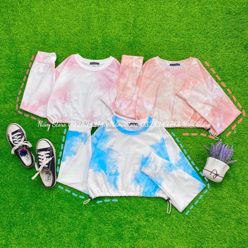 (Video + Ảnh thật) Áo croptop loang màu tay dài rút eo dáng rộng unisex đủ màu - Croptop Tie Dye dây rút 2 bên hông