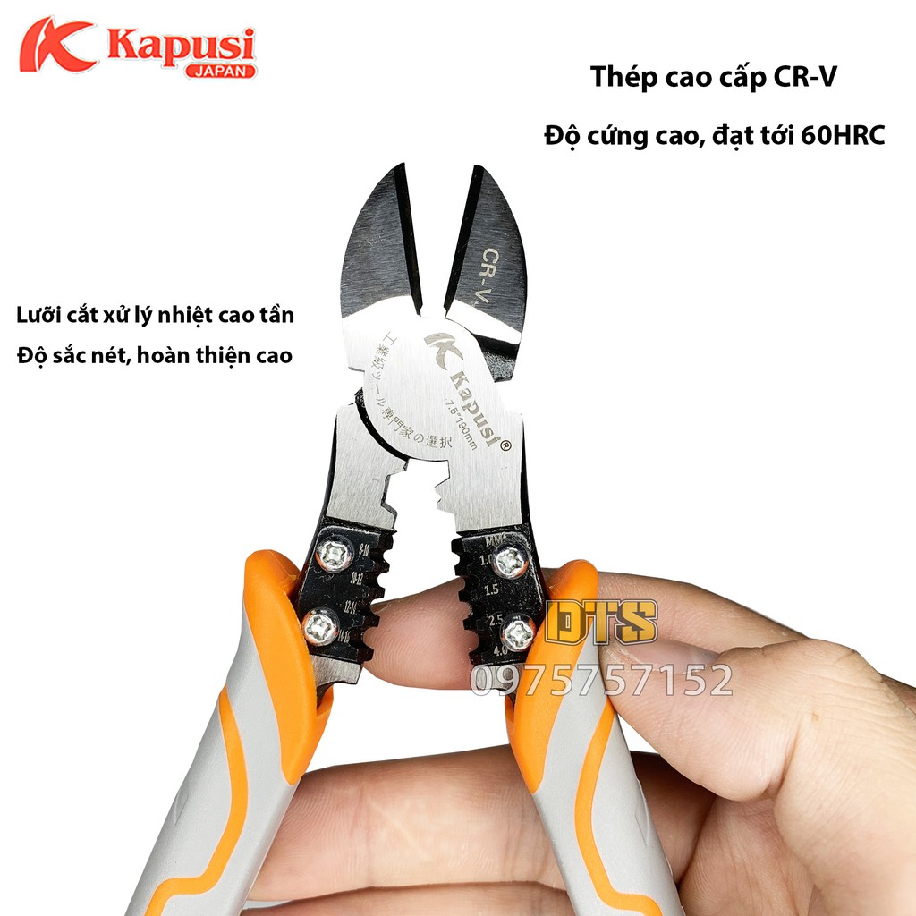 Kìm cắt đa năng công nghiệp Nhật Kapusi JAPAN 7.5inch/ 190mm thép CR-V cao cấp, thiết kế tiên tiến tiết kiệm 30% lực bấm