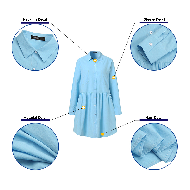 Zanzea Đầm Tay Dài Cổ Bẻ Có Túi Màu Trơn Thời Trang Cho Nữ | BigBuy360 - bigbuy360.vn