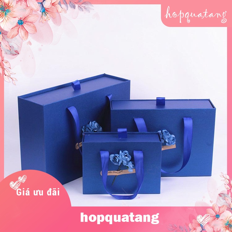 Hộp Quà Tặng Kèm Túi Màu Xanh Gắn Hoa Dạng Kéo Cao Cấp