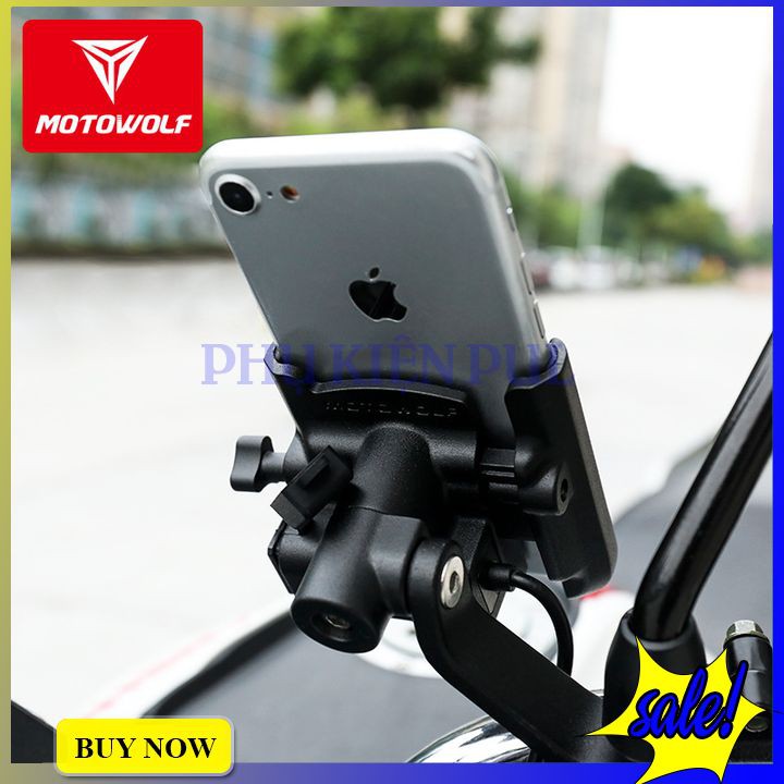 Giá đỡ điện thoại xoay 360 có sạc gắn moto, xe máy chính hãng Motowolf