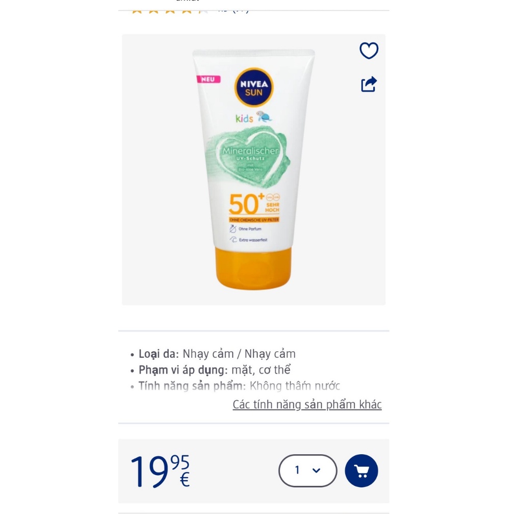 Kem chống nắng Nivea sun khoáng chất chống tia UV SPF 50+, 150 ml-Nội Địa Đức