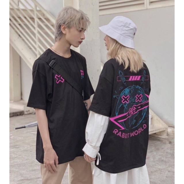 Áo thun nam nữ unisex couple tay lỡ bé thỏ RABBIT WORLD - Hany Shop