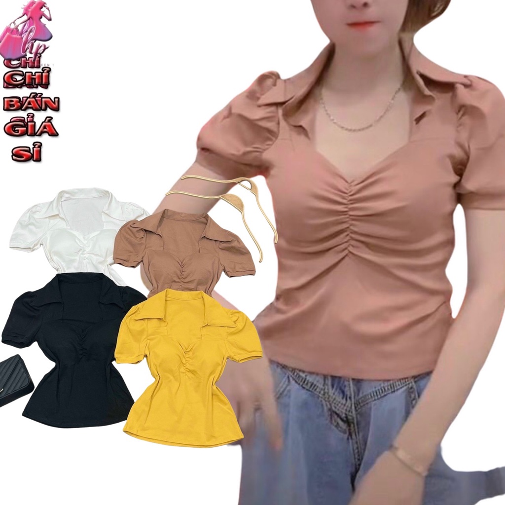 Áo thun nữ ôm body cổ bẻ polo tay ngắn nhún có mút ngực phong cách hàn quốc cực dễ thương mẫu mới thời trang 2021