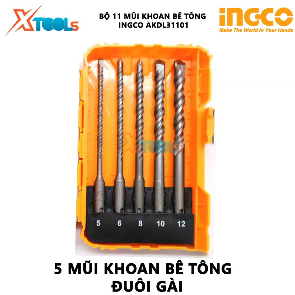 Bộ 11 mũi khoan bê tông đuôi trơn và đuôi gài INGCO AKDL31101 | bộ 11 mũi khoan kích thước 3, 4, 5, 6, 8, 10, 12mm chuyê