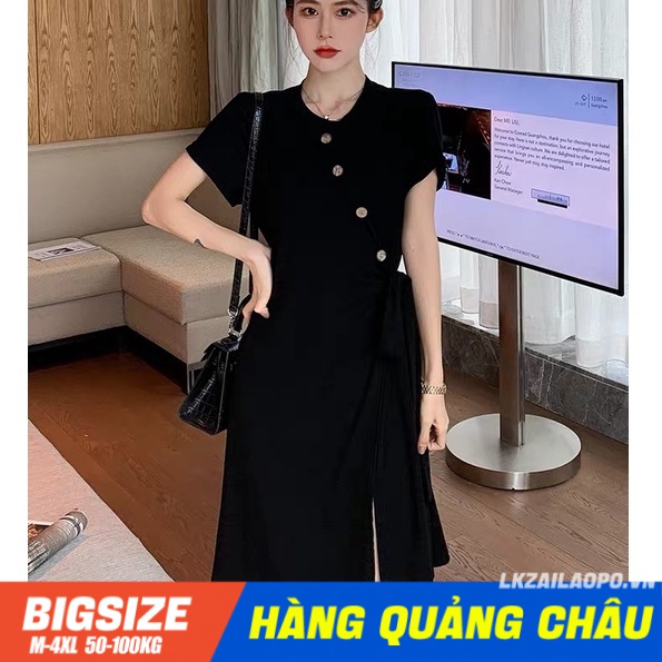 Đầm ⚡️𝐁𝐈𝐆𝐒𝐈𝐙𝐄⚡️ Váy nữ dáng dài tay ngắn cổ tròn xẻ tà Phong cách Hàn Quốc Thời Trang sang chảnh cá tính xinh đẹp quảng châu cao cấp